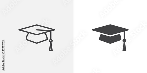 Graduation cap icon. line and glyph version, student hat outline and filled vector sign. Academic cap linear and full pictogram. Education symbol, logo illustration. Different style icons set photo