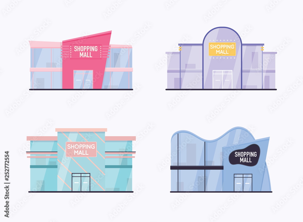 Profesor de escuela Instalaciones cola Set of shopping mall building exterior. Flat design style modern vector  illustration concept. vector de Stock | Adobe Stock