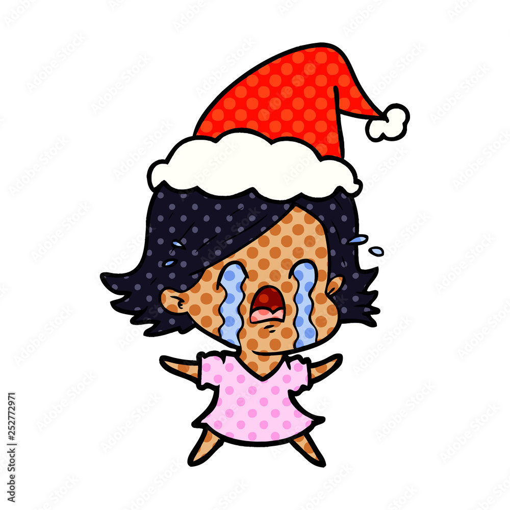 comic book style illustration of a woman crying wearing santa hat