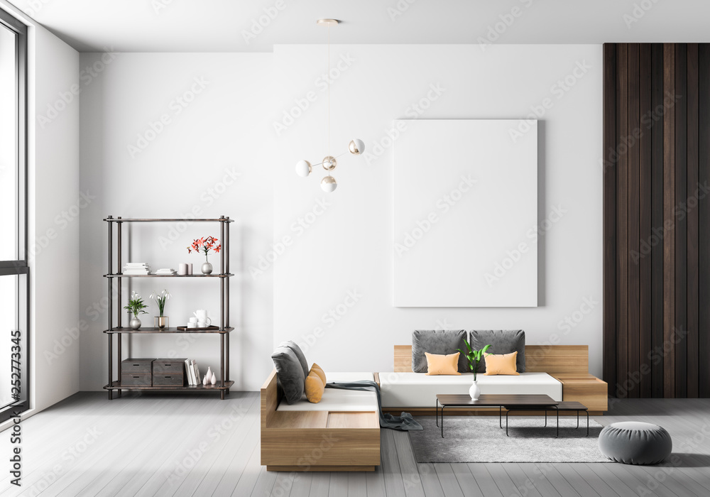 Mock up poster frame in Scandinavian style hipster interior. Minimalist modern interior design. 3D illustration. Mock up poster frame in Scandinavian style hipster interior. Minimalist modern interior design. 3D illustration.