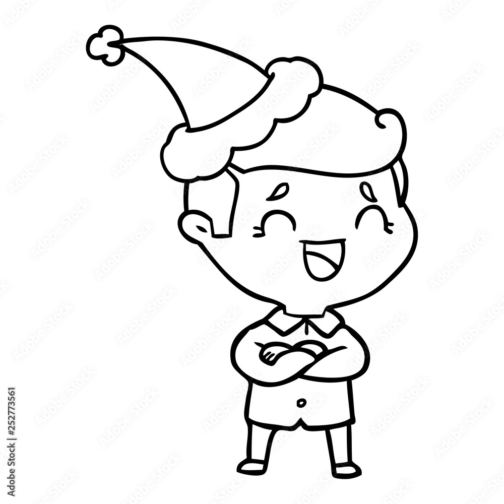 line drawing of a laughing man wearing santa hat