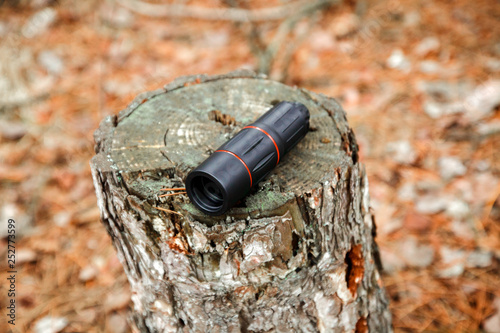 monocle and tourist knife on the stump in autumn forest photo