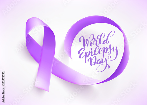 World Epilepsy day. March 26. Realistic purple ribbon symbol. Template for poster with handdrawn lettering. Vector.