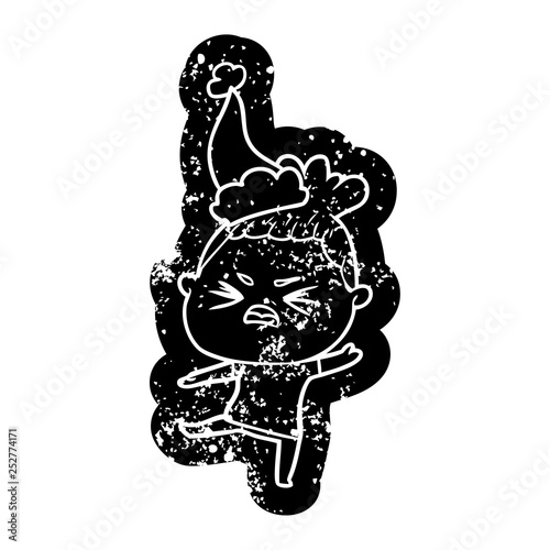 cartoon distressed icon of a angry woman wearing santa hat