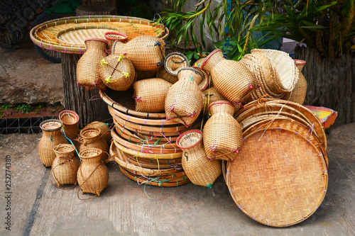 Rattan and bamboo basket handicraft various is threshing basket, fishtrap photo