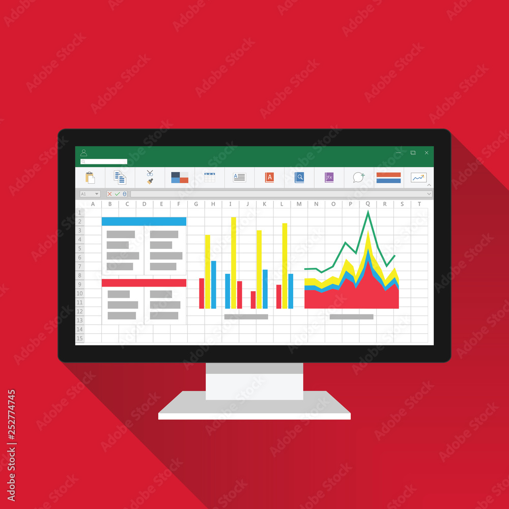 Spreadsheet on Computer screen flat icon. Financial accounting report concept. office things for planning and accounting, analysis, audit, project management, marketing, research vector illustration. Spreadsheet on Computer screen flat icon. Financial accounting report concept. office things for planning and accounting, analysis, audit, project management, marketing, research vector illustration.