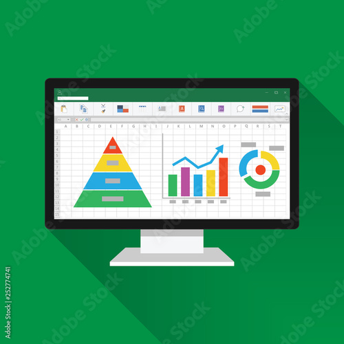 Spreadsheet on Computer screen flat icon. Financial accounting report concept. office things for planning and accounting, analysis, audit, project management, marketing, research vector illustration.