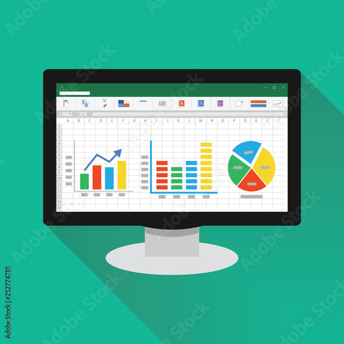 Spreadsheet on Computer screen flat icon. Financial accounting report concept. office things for planning and accounting, analysis, audit, project management, marketing, research vector illustration.