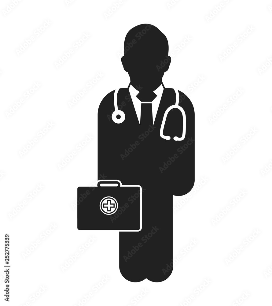 Doctor on duty Icon. Male symbol with medicine bag on hand. Doctor on duty Icon. Male symbol with medicine bag on hand.