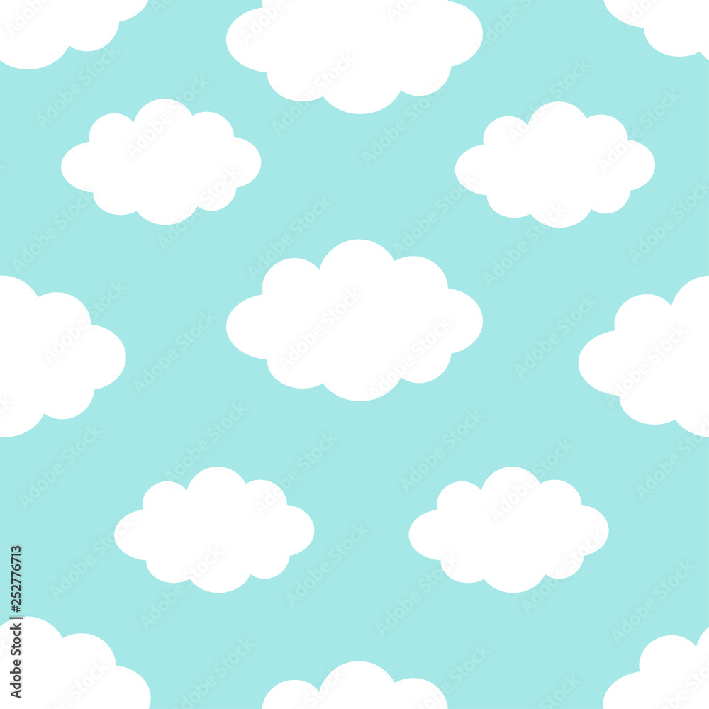 Seamless Pattern. Cloud in the sky. Cute cartoon kawaii funny baby kids decor. Wrapping paper, textile template. Nursery decoration. Blue background. Flat design