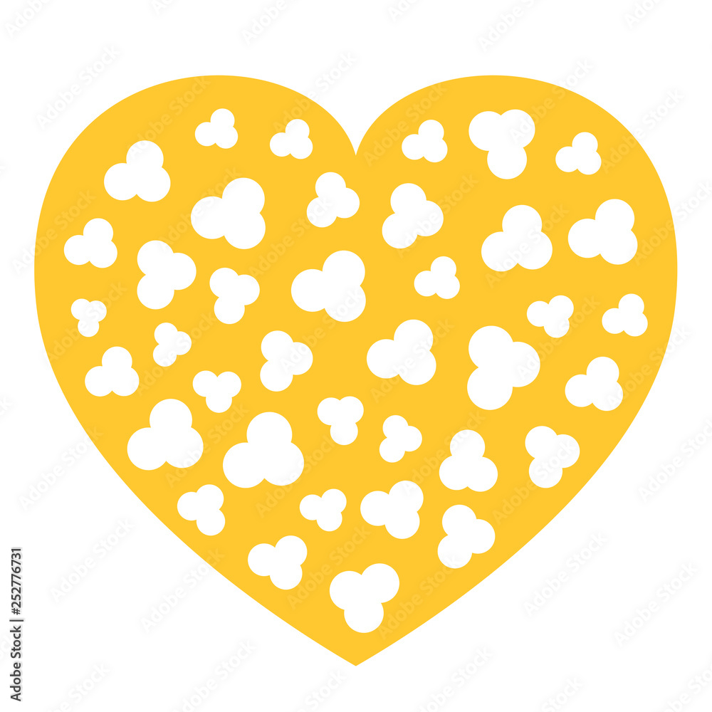 Popcorn inside heart shape frame. I love cinema movie night. Flat design style. Yellow background. Isolated. Popcorn inside heart shape frame. I love cinema movie night. Flat design style. Yellow background. Isolated.