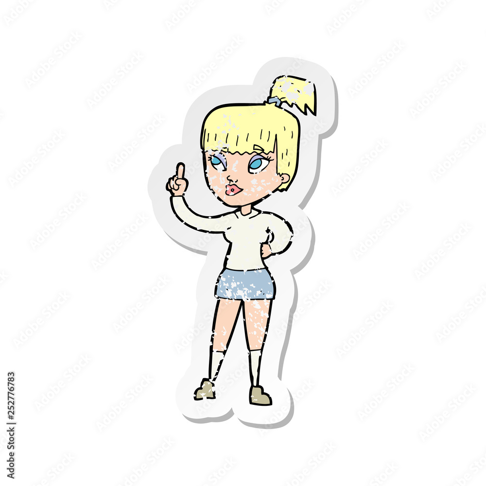 retro distressed sticker of a cartoon attractive girl with idea