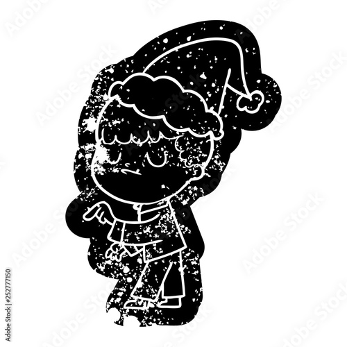cartoon distressed icon of a grumpy boy wearing santa hat