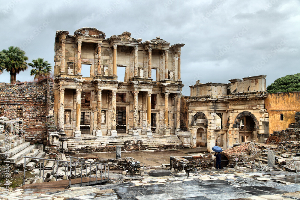 Library of Celsus in Ephesus Ancient city in a rainy day