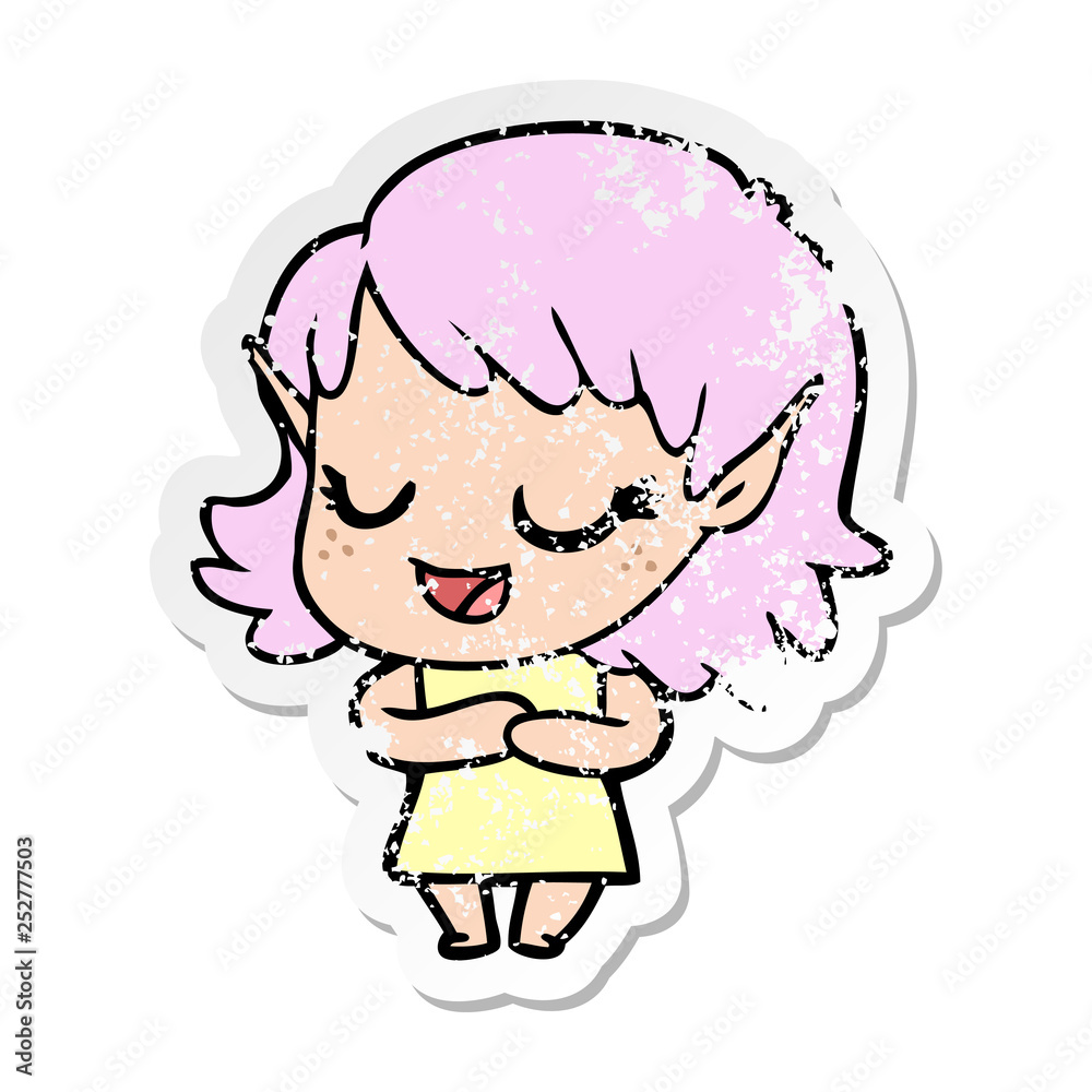 distressed sticker of a happy cartoon elf girl distressed sticker of a happy cartoon elf girl