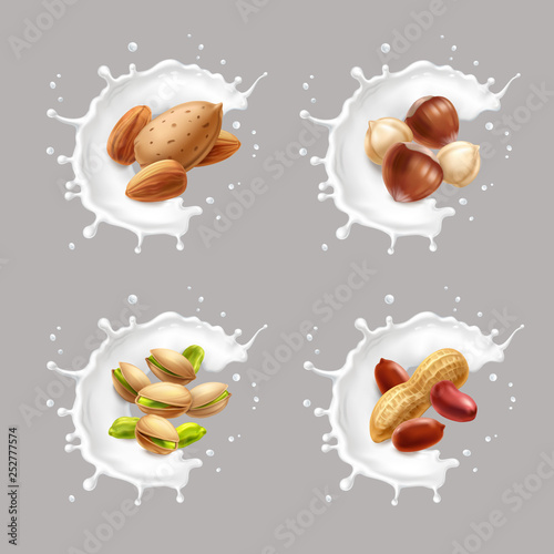 Nuts in milk splash. Hazelnuts, almond, pistachio, peanuts