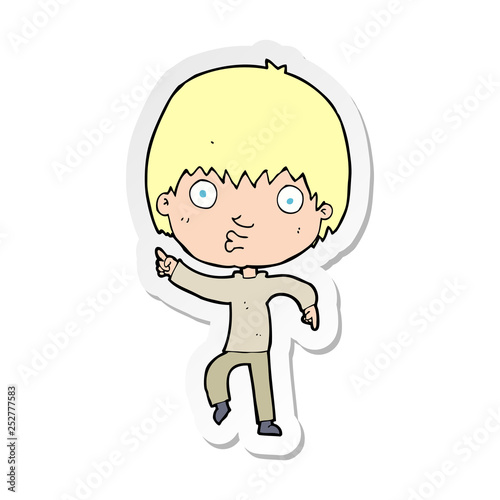 sticker of a cartoon impressed boy pointing