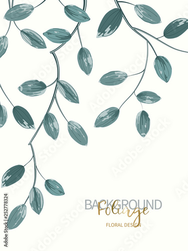 Floral background with aquamarine leaves. Composition branch with exotic tropical leaves