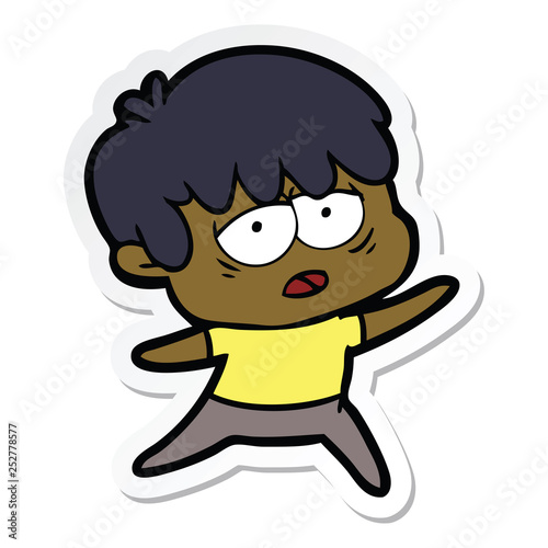 sticker of a cartoon exhausted boy