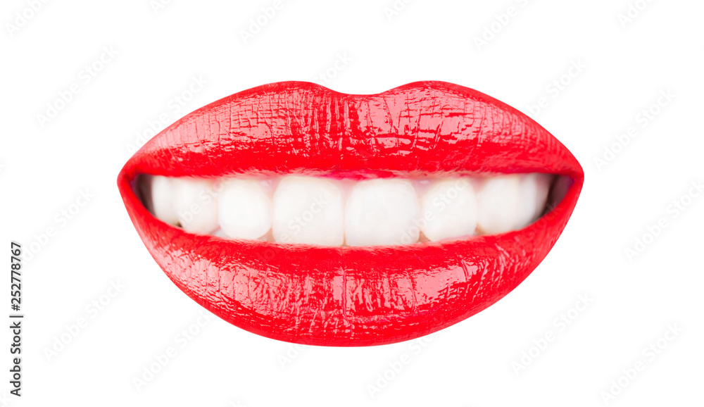 Red lips, beautiful makeup, sensual mouth, sexy lip, smile. Lipstick or lipgloss. Beauty sensual lips, beautiful lip, bright lipstick. Close up, macro with beautiful mouth, sensual makeup. Isolated.