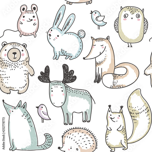 Vector seamless pattern with hand drawn wild forest animals,