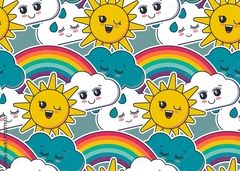 Vector seamless pattern with cute smiling sun, rainbow, cloud, rain drop faces. Vector seamless pattern with cute smiling sun, rainbow, cloud, rain drop faces.