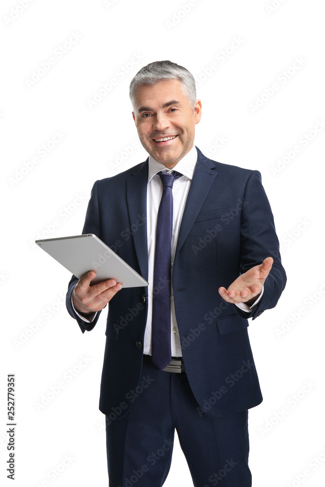 Handsome mature businessman with tablet computer on white background Handsome mature businessman with tablet computer on white background