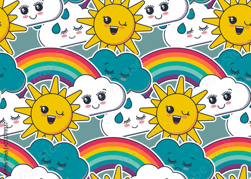 Vector seamless pattern with cute smiling sun  rainbow  cloud  rain drop faces.