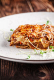 The concept of Italian cuisine. Lasagna with minced meat, bechamel sauce and parmesan cheese. Close up. Serving dishes in a restaurant in a white plate. copy space