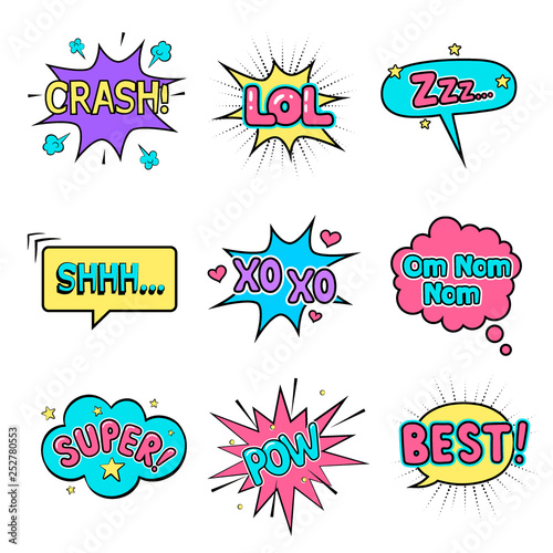 Set of isolated comic speech bubbles on the white background. There are Best, Super, Lol, Crash, Zzz, Pow, Shh, Om nom nom, Xo xo. Vector illustration.