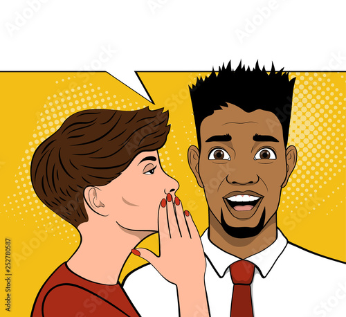 Young brown-haired woman whispering secret to African American man. Happy face. Pop Art Vector illustration.