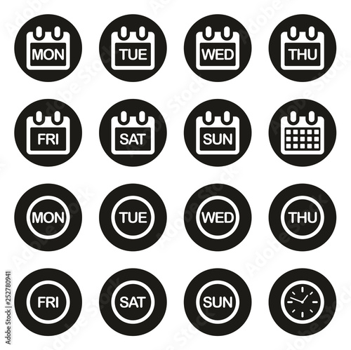 Days of the Week Icons White On Black Circle