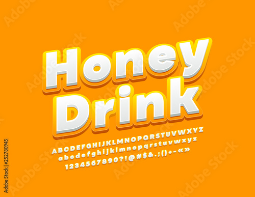Vector sweet logo Honey Drink with Yellow and White Alphabet Letters, Numbers and Symbols. Sunny cute Font