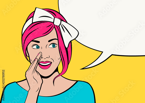 Pop art retro woman whispering a secret. Advertising poster. Vector illustration in comic style