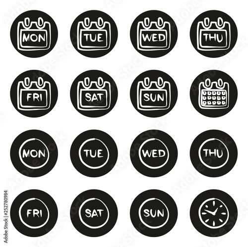 Days of the Week Icons Freehand White On Black Circle