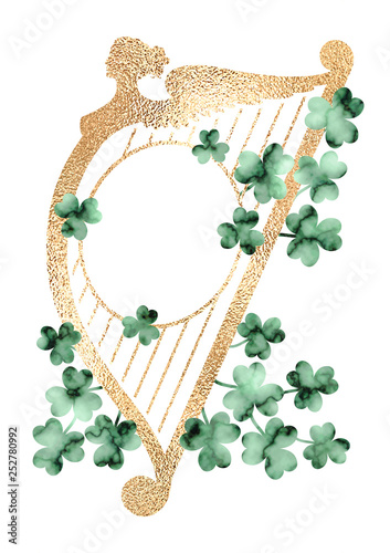 Vector vintage Saint Patrick's Day frame with faux gold foil textured harp and emerald green textured shamrocks isolated on white background.