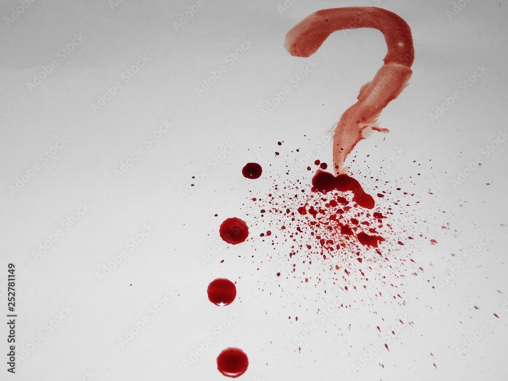 Spots and drops of fresh blood on a white background and a question mark.