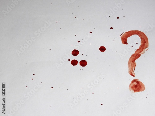 Obraz na płótnie Spots and drops of fresh blood on a white background and a question mark. w salonie