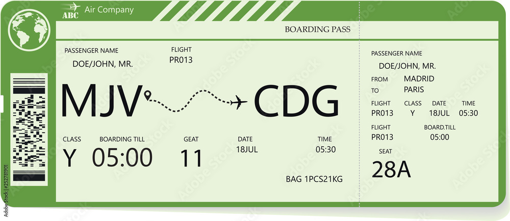 Green vector pattern of a boarding pass ticket. Concept of trip or ...