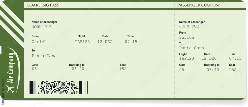Green vector pattern of a boarding pass ticket. Concept of trip or ...