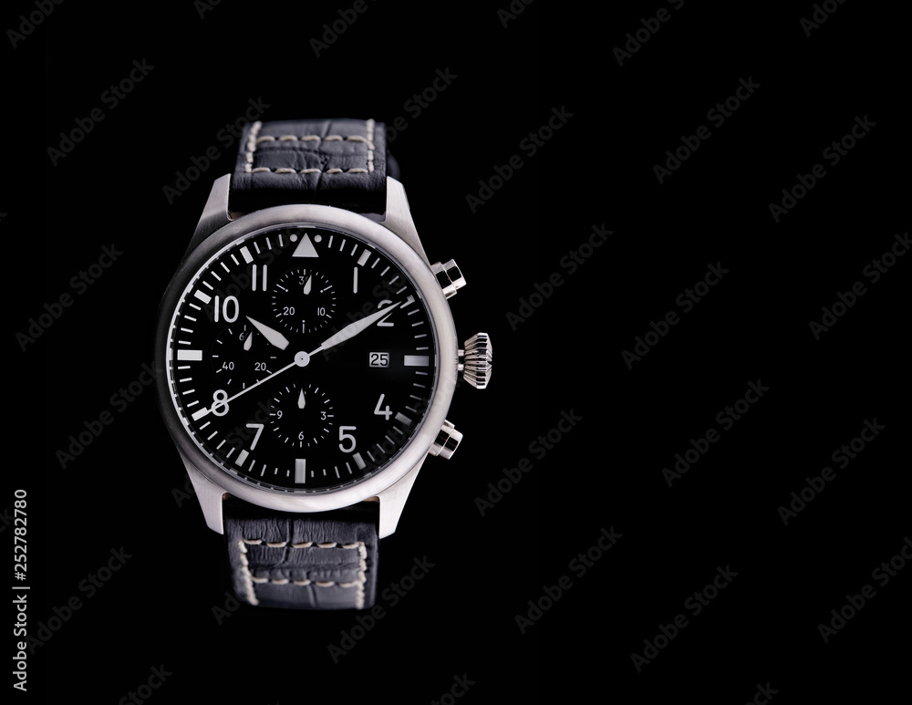 Exquisite Men's Watch with Leather Belt. Black background and free space