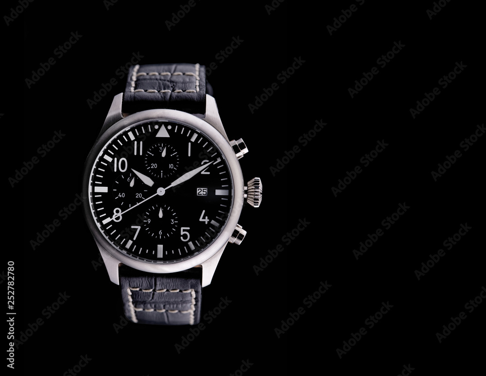 Exquisite Men's Watch with Leather Belt. Black background and free space Exquisite Men's Watch with Leather Belt. Black background and free space