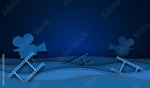 Paper cut cinema decorations with film strip frame isolated on blue background. 35 mm camera diapositive for design layout cinema. Template cinema with space for your text. Abstract paper art style