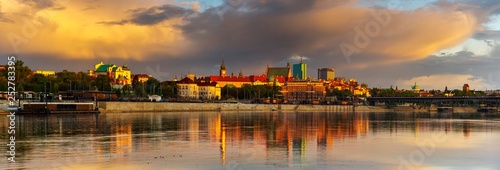 panorama of the old town and the royal castle in Warsaw,panorama of the city seen from the bank of the Vistula river