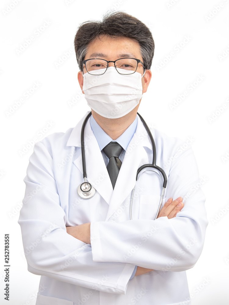 an Asian doctor wearing a mask. isolated on white background. an Asian doctor wearing a mask. isolated on white background.