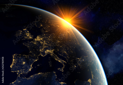 Fototapeta Naklejka Na Ścianę i Meble -   realistic render of the earth seen from space,sunrise over Europe.Elements of this image furnished by NASA. 3d rendering