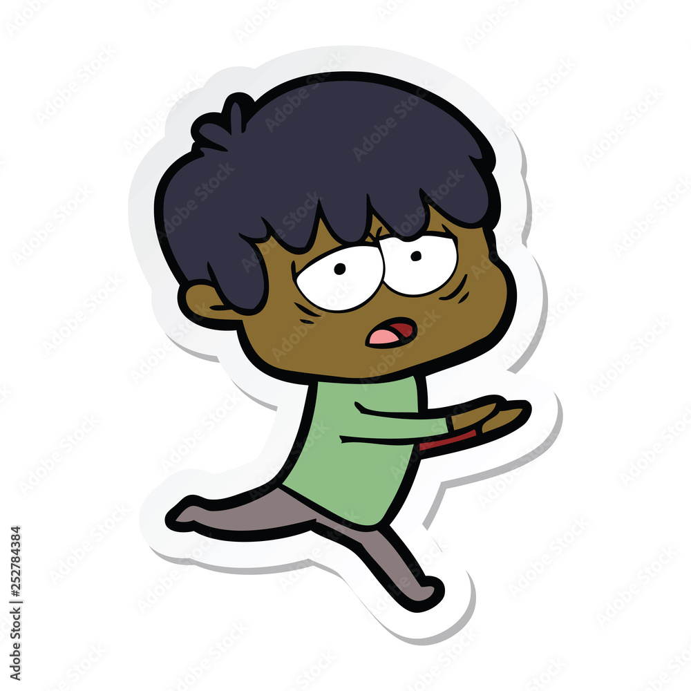 sticker of a cartoon exhausted boy sticker of a cartoon exhausted boy