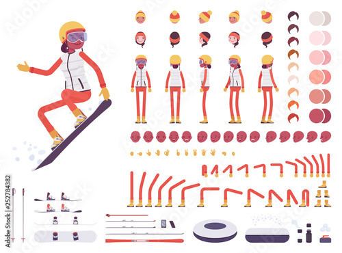 Skier woman character creation set. Ski clothing, equipment, winter sport gear kit. Full length, different views, emotions, gestures. Build your own design. Cartoon flat style infographic illustration