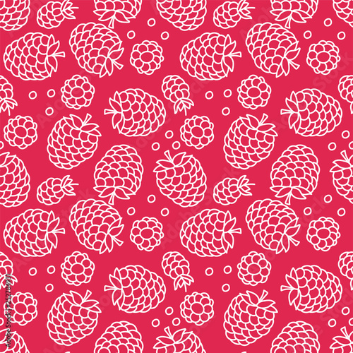 Raspberry seamless pattern. Hand drawn fresh fruit. Vector sketch background. Color doodle wallpaper. Red berry print