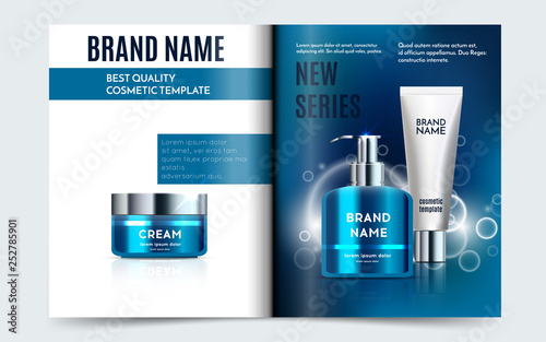 A beautiful cosmetic templates. Creative magazine design with skin care products. Vector realistic bottle, white tube and jar for moisturizing cream